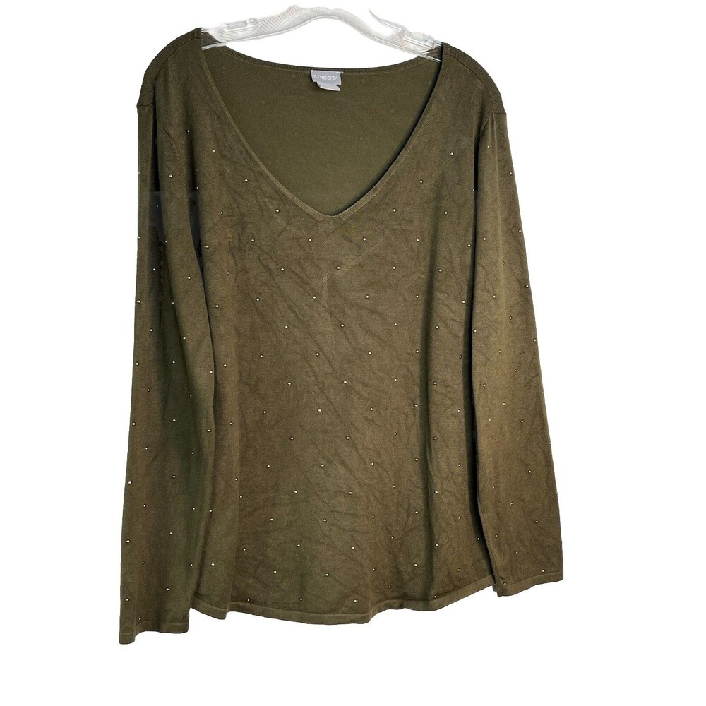 Chicos Olive Green Studded Rhinestone V Neck Top Blouse sz 2 / L (15